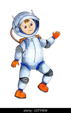 Illustration aquarelle d'un astronaute effectuant une promenade dans l'espace. Photo des enfants d'un astronaute joyeux dans un espace. Isolé sur fond blanc. DRA Banque D'Images