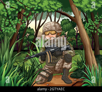 Soldat avec un fusil dans la jungle Illustration de Vecteur