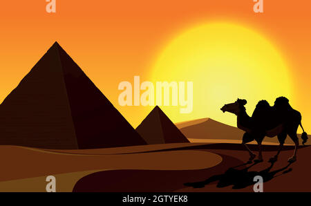 Pyramide et Camel avec scène du désert Illustration de Vecteur