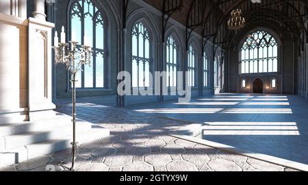 Salle médiévale de trône en 3D dans le château Banque D'Images