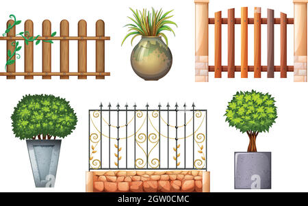 Clôtures en bois et en acier avec plantes Illustration de Vecteur