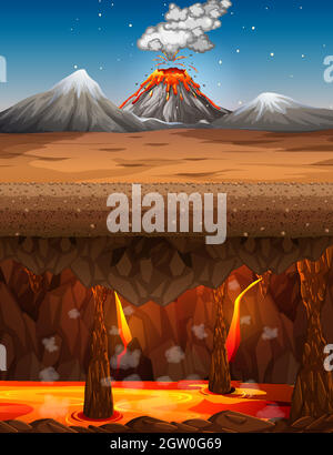 Éruption volcanique dans la scène de la nature à la journée et grotte infernale avec scène de lave Illustration de Vecteur
