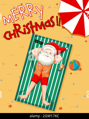 Joyeux Noël police Santa Claus prenant bain de soleil sur la plage avec élément d'été Illustration de Vecteur