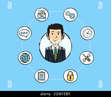 Croquis style coloré illustration de l'avatar d'homme d'affaires souriant avec des icônes de bureau autour de lui. Illustration de Vecteur