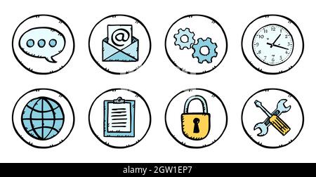 Ensemble d'icônes vectorielles dessinées à la main sur le thème de l'entreprise. Style d'esquisse icônes colorées illustrations en cercle. Illustration de Vecteur