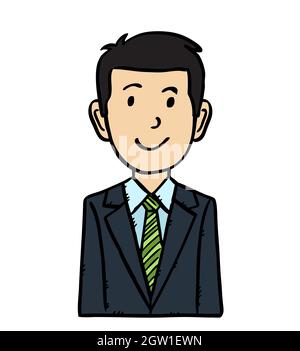 Avatar d'un homme d'affaires heureux en costume avec des cheveux noirs. Illustration vectorielle noire et blanche dessinée à la main. Illustration de Vecteur