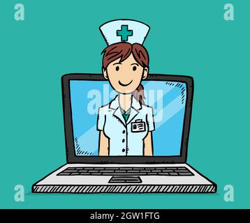 Vecteur de style caricature de consultation médicale en ligne. Dessin style coloré Doodle illustration de femme souriante infirmière sur l'écran d'ordinateur portable. Illustration de Vecteur