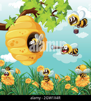 Beaucoup d'abeilles volant dans le jardin Illustration de Vecteur