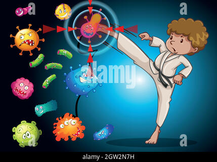Homme dans le karaté uniforme kicking bactéries Illustration de Vecteur