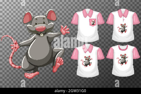Souris en position debout personnage de dessin animé avec de nombreux types de chemises sur fond transparent Illustration de Vecteur