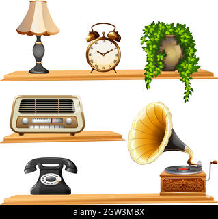 Articles vintage sur des étagères en bois Illustration de Vecteur