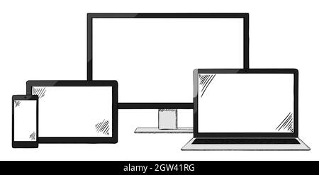 Illustration colorée de style esquisse d'un ordinateur portable, d'un moniteur ou d'un téléviseur sur pied avec tablette et smartphone. Les objets sont isolés sur fond blanc. Illustration de Vecteur