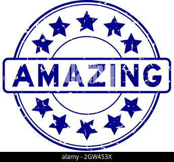 Bleu grunge mot étonnant avec l'icône en forme d'étoile cachet de caoutchouc rond sur fond blanc Illustration de Vecteur
