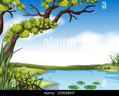 Scène de la rivière avec arbre sur la rive de la rivière Illustration de Vecteur