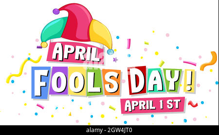 Logo de police April Fool's Day avec chapeau Jester et confetti colorés Illustration de Vecteur