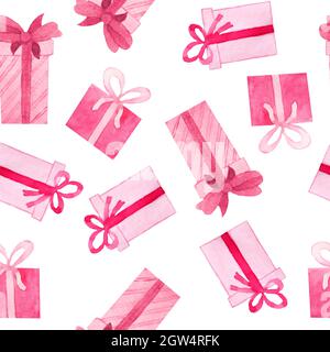 Motif aquarelle sans couture avec cadeaux roses rouges. Fête d'anniversaire noël nouvel an décoration célébration design. Jolies boîtes noeuds rubans imprimé pour emballer le textile en papier Banque D'Images