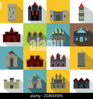 Tours et châteaux icons set, style plat Illustration de Vecteur