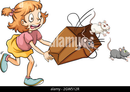 Petite fille peur des rats dans le sac Illustration de Vecteur