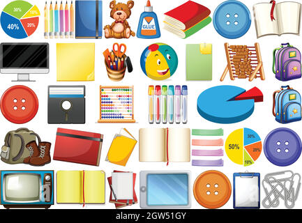 Divers objets et jouets liés au bureau, à la maison et à l'école isolés Illustration de Vecteur