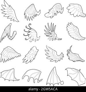 Différentes ailes icons set style du contour, Illustration de Vecteur