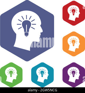 Tête à l'intérieur de l'ampoule icons set Illustration de Vecteur