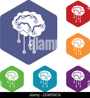 Capteurs sur le cerveau humain icons set Illustration de Vecteur