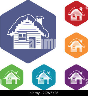 Maison en bois couverte de neige icons set Illustration de Vecteur