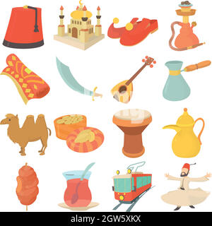 Voyage en Turquie, symboles icons set style cartoon Illustration de Vecteur