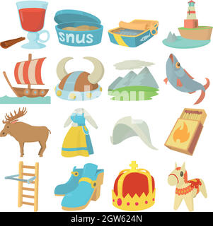 Symboles de voyage Suède icons set, cartoon style Illustration de Vecteur