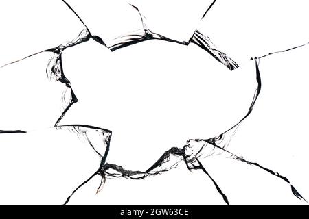 Collage de fissures dans le verre, un trou de balles dans le verre sur un fond blanc. Texture de verre de fenêtre. Banque D'Images