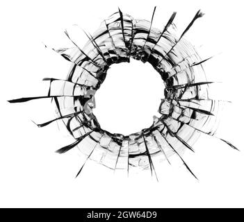 Collage de fissures dans le verre, un trou de balles dans le verre sur un fond blanc. Texture de verre de fenêtre. Banque D'Images