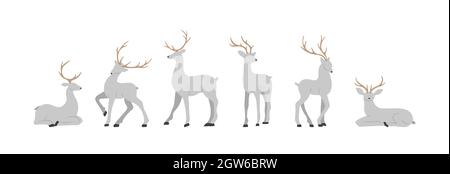 Silhouettes de rennes gris. Les adorables deers avec des bois debout et sautant. Illustration vectorielle de style dessin animé plat Illustration de Vecteur