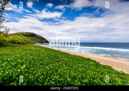 Journée ensoleillée avec des vagues et du sable à la plage de Grande Anse, à l'île de la réunion Banque D'Images