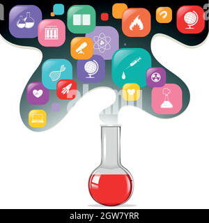 Symboles chimiques dans les flacons et autres symboles scientifiques Illustration de Vecteur