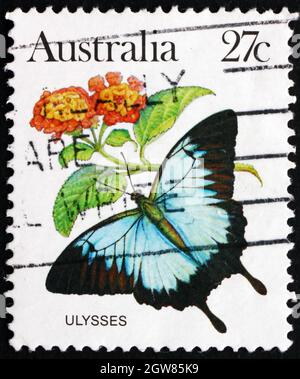 AUSTRALIE - VERS 1983 : un timbre imprimé en Australie montre Ulysses Butterfly, Papilio Ulysses, Insect, vers 1983 Banque D'Images