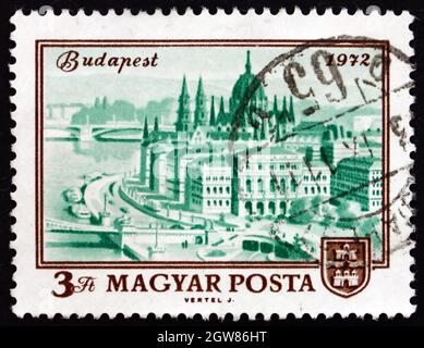 HONGRIE - VERS 1972: Un timbre imprimé en Hongrie montre Budapest, 1972, centenaire de l'unification de l'Obuda, Buda et Pest dans Budapest, vers 1972 Banque D'Images