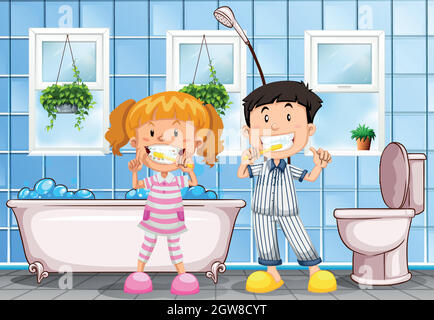 Un garçon et une fille se brossant les dents dans la salle de bains Illustration de Vecteur
