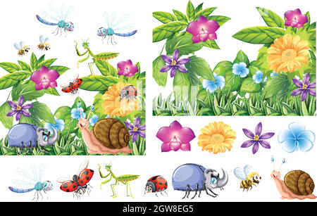 Beaucoup d'insectes dans le jardin de fleurs Illustration de Vecteur
