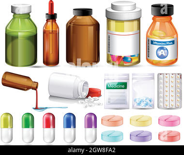 Ensemble de pilules et de récipients pour médicaments Illustration de Vecteur