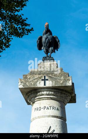 Polignac étiqueté les plus Beaux villages de France, symbole national du coq gaulois sur le monument de guerre, haute-Loire, Auvergne-Rhône-Alpes, France Banque D'Images