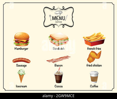Différents types de fastfood au menu Illustration de Vecteur