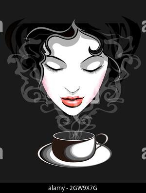 Belle jeune femme appréciant une tasse de café sur fond noir. Illustration vectorielle Illustration de Vecteur