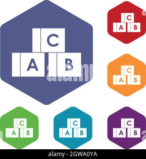 Cubes de l'alphabet avec des lettres A,B,C icons set Illustration de Vecteur