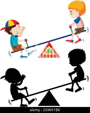 Deux enfants jouant de la seesaw avec sa silhouette Illustration de Vecteur