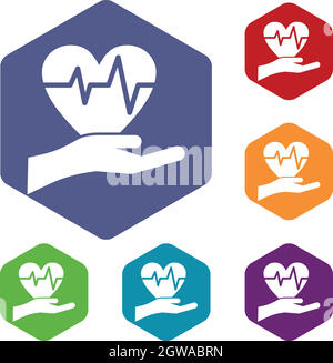 Main tenant coeur avec ligne ecg icons set Illustration de Vecteur