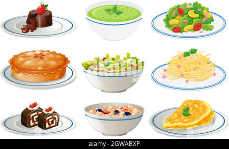 Différents types d'aliments sur des assiettes blanches Illustration de Vecteur