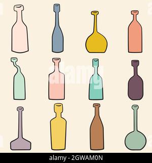 Flacons dessinés à la main. Flacons de potion, médicaments anciens, flacons apothécaire uniques, bouteilles de vin millésime. Gribouillages colorés. Illustration de Vecteur