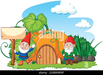 Gnomes et maison de citrouille de style dessin animé sur fond blanc Illustration de Vecteur