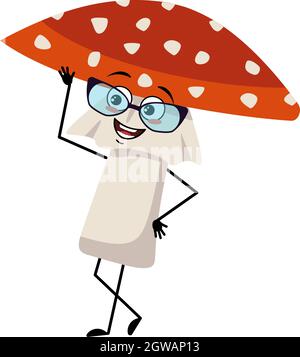 Adorable personnage amanita avec des lunettes et des émotions joyeuses, visage de sourire, yeux heureux, bras et jambes. Mouche agarique Mushroom de la forêt avec l'expression aimable Illustration de Vecteur