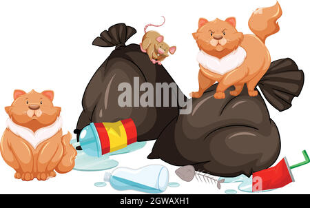 Sacs de trashBags avec rat et chats Illustration de Vecteur